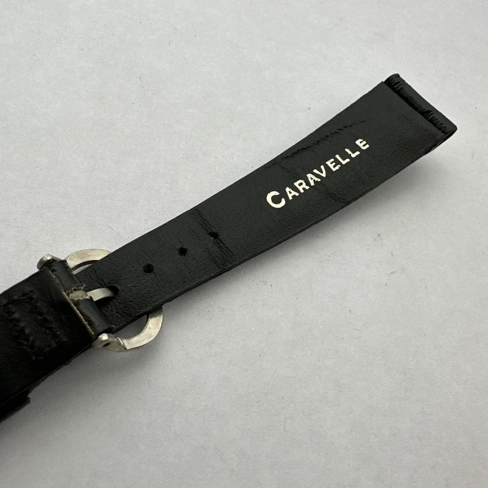Caravelle Black Leather Watch Strap 18mm Croc Embossed Silver Horseshoe Buckle